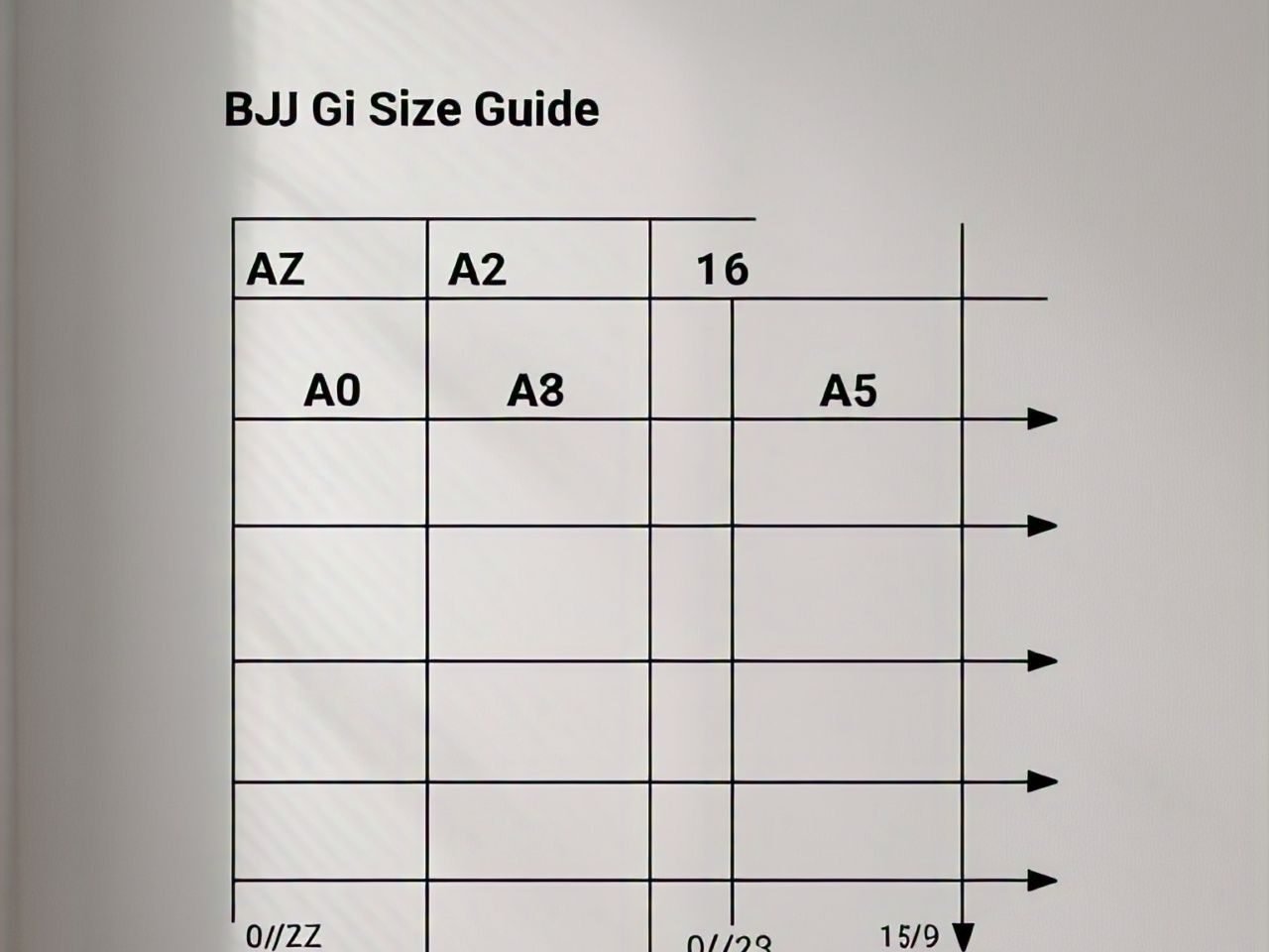 BJJ gi size guide